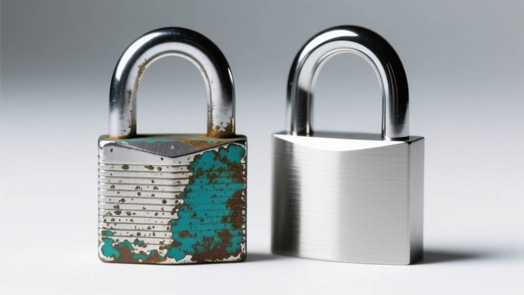 Macro shot of a tarnished 925 silver padlock shackle beside a polished 316L stainless steel padlock under crisp studio lighting.