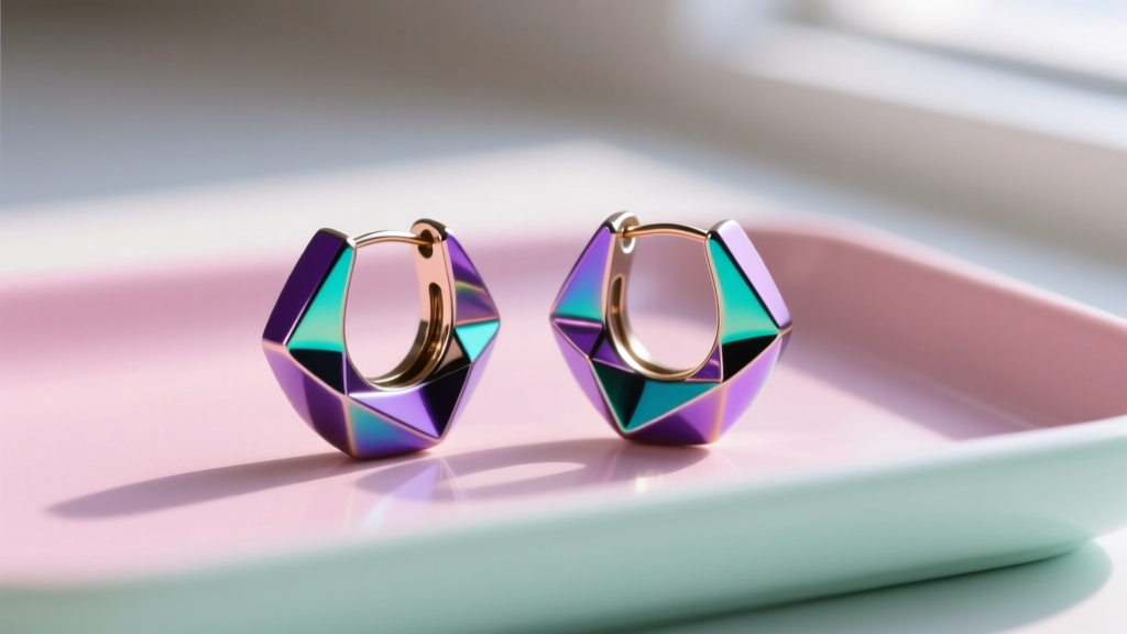 Vibrant anodized niobium huggie earrings on a pastel tray, showing purple and teal oxide layers for custom doll accessories