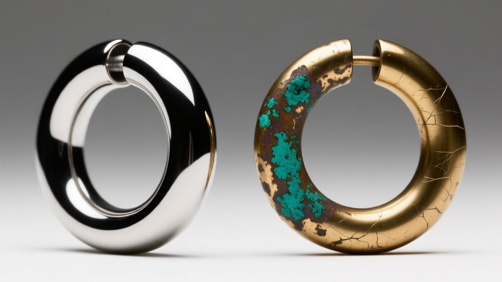 A polished 316L surgical steel hoop beside a tarnished brass hoop, showing metal degradation under bright macro studio lighting.