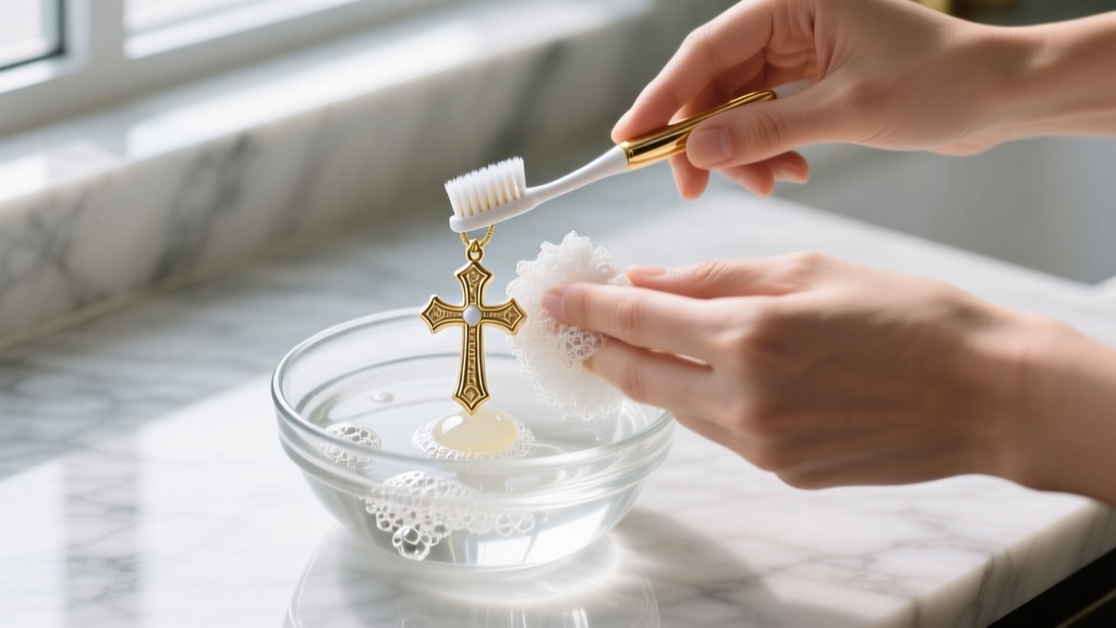 Hands scrubbing a 10k white gold cross pendant with a soft toothbrush and mild soap in a glass bowl on a marble countertop.