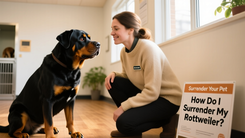 A compassionate shelter staff member gently greeting a Rottweiler during an intake appointment