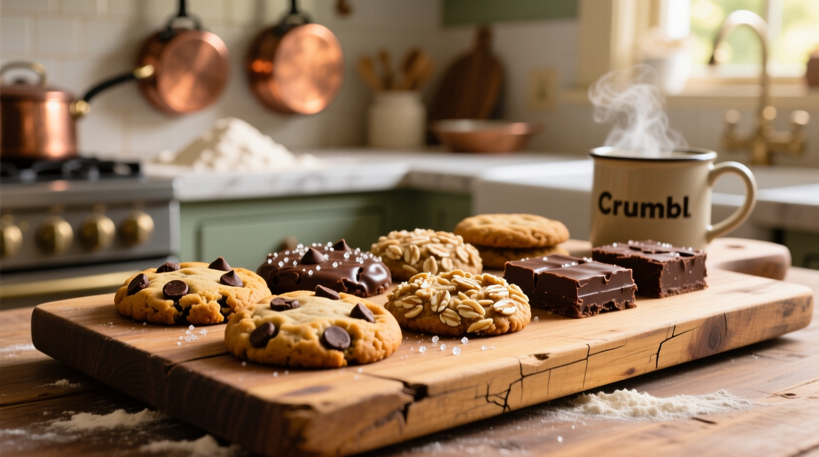 Freshly baked Crumbl cookies arranged on wooden board