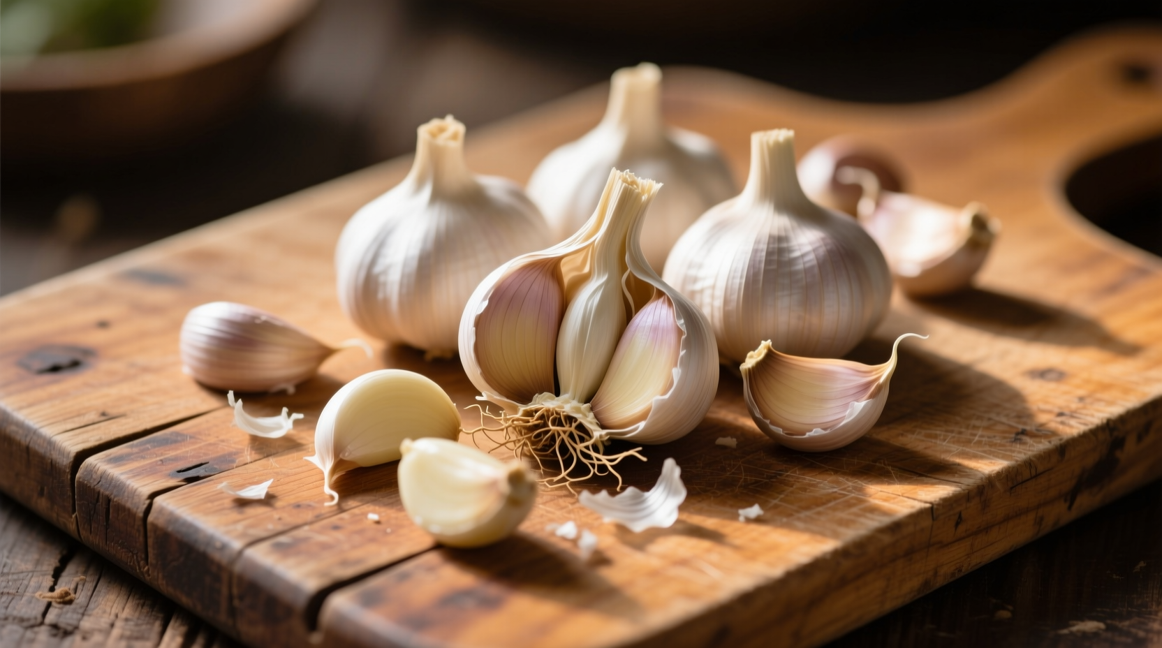 Garlic cloves on wooden cutting board