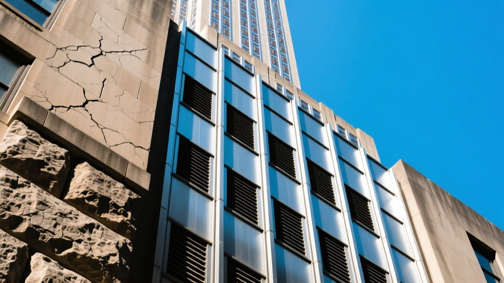 Close-up of weathered Indiana limestone blocks and aluminum spandrel panels on the Empire State Building facade against a clear blue sky