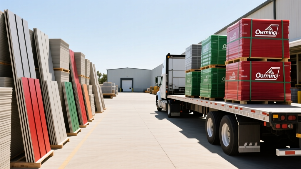 Livermore CA building supply yard with stacked James Hardie siding and Owens Corning roofing bundles loaded on a flatbed delivery truck