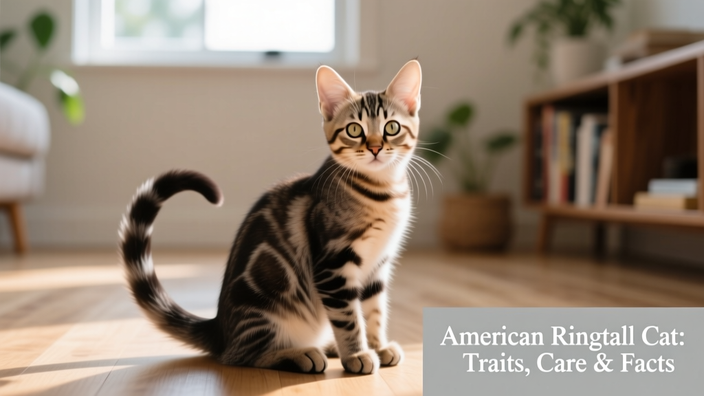 American Ringtail kitten sitting upright, showing its distinctive curled tail resting neatly over its back