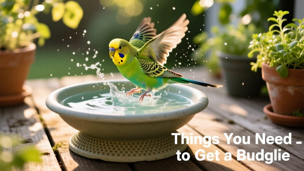 A budgie happily splashing in a shallow, mounted bird bath with clear water and a non-slip base