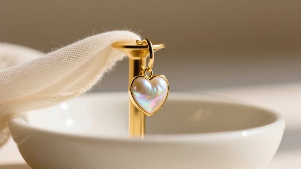 Microfiber cloth gently wiping a gold post and mother of pearl heart drop earring over a ceramic bowl in soft natural lighting.