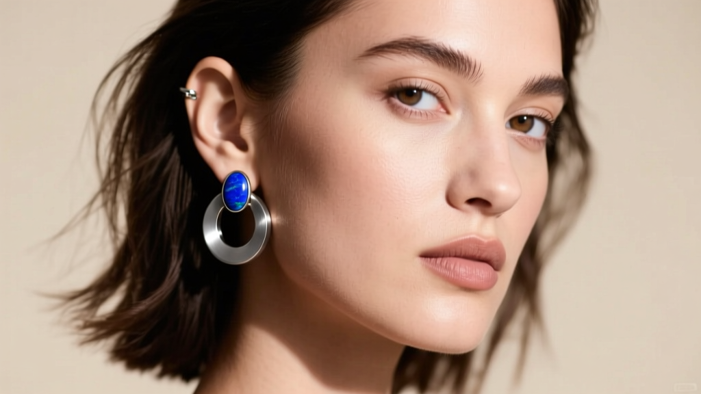 Profile of a model wearing PVD titanium huggie earrings with lapis inlays, showing a modern ear stack under soft studio lighting.