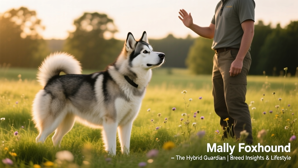 Mally Foxhound learning a new command during a sunny outdoor training session with a calm, engaged handler