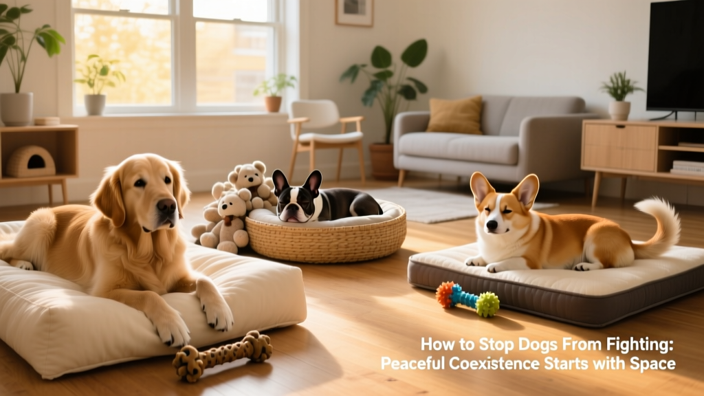 A peaceful multi-dog household: three dogs resting calmly in separate but adjacent spaces, each with their own bed and toy