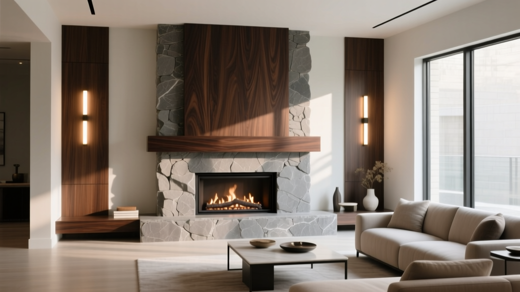 Interior living room showcasing indoor stone veneer fireplace in warm gray, highlighted by LED wall lights and a dark walnut mantel.