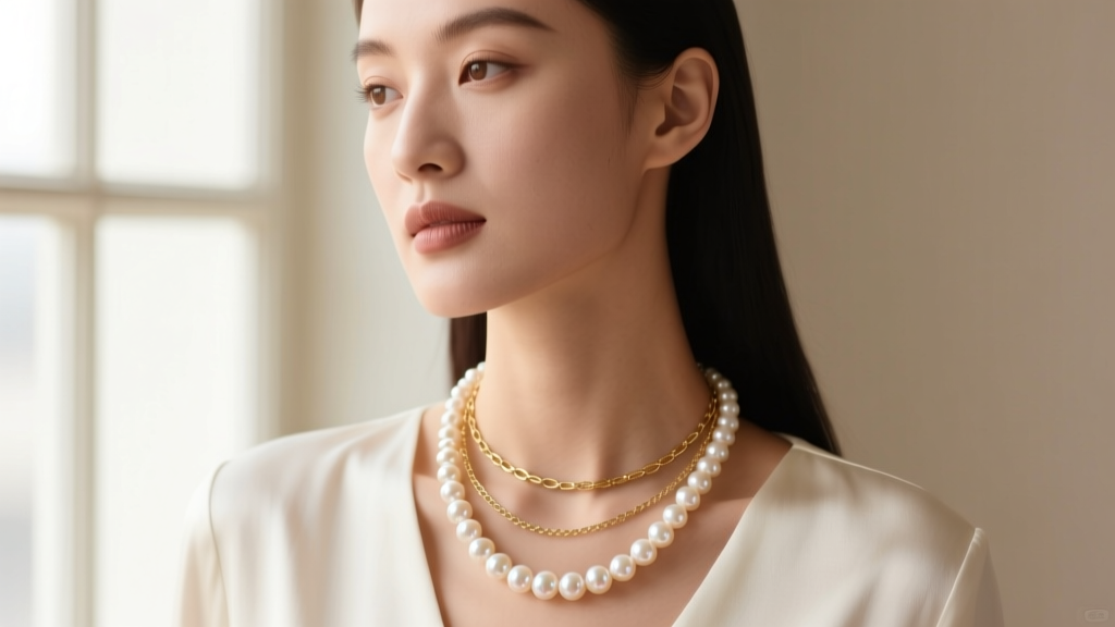 Portrait of a woman wearing a delicate 16-inch pearl clam necklace layered with a simple gold chain, showcasing the collarbone.