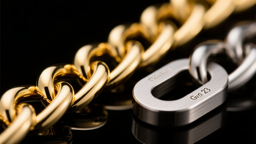 Macro shot comparing a polished 14k yellow gold chain link next to a brushed Grade 23 titanium link, highlighting textures.