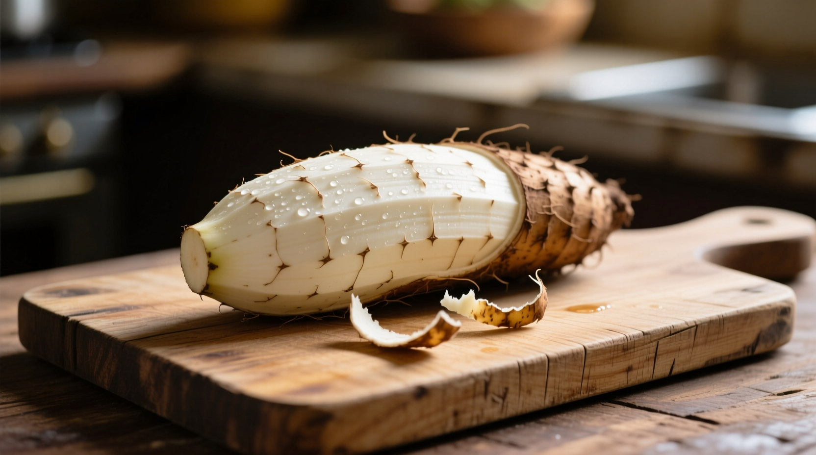Freshly peeled yuca root on wooden cutting board