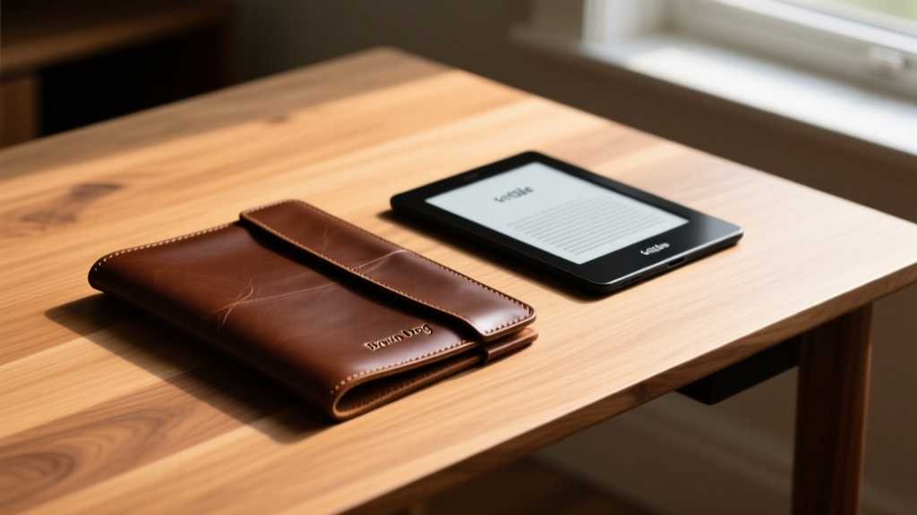 A minimalist full-grain leather tablet sleeve from Brown Dog Gadgets resting on a clean, clutter-free oak desk next to a Kindle Scribe.