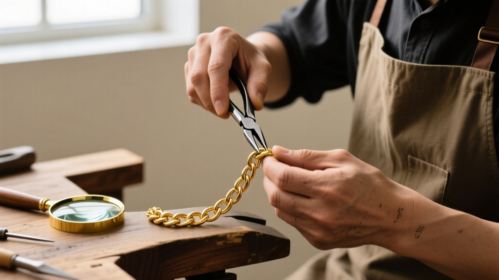 Jeweler using nylon pliers to reshape a bent link on a pure 24k gold chain, with a loupe resting nearby on the wooden bench.