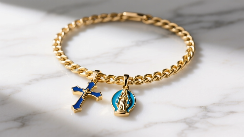Gold rope chain holding a dual pendant cross and mary necklace with blue enamel accents, resting flat on a white marble surface.