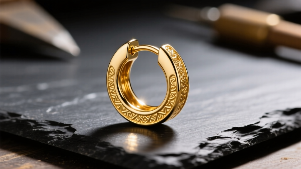 Macro shot of a snapped 14k yellow gold huggie hoop earring on a dark slate jeweler workbench under focused bright lighting