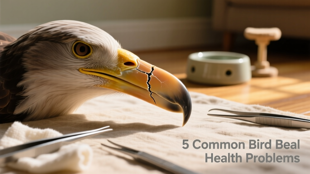 Close-up of a bird's beak showing a clean fracture line, with gentle handling tools nearby