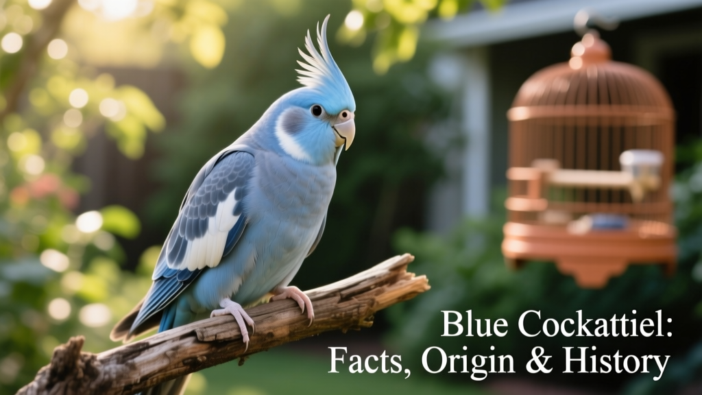 Close-up portrait of a blue cockatiel perched calmly, showing its delicate blue-gray feathers and expressive crest