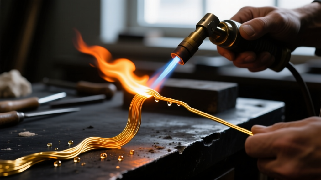 Jeweler using a torch to anneal a 24 karat gold jewelry wire, showing the bright orange glow of pure metal on a dark workbench