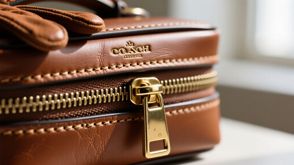 Macro close-up of brown glove-tanned leather stitching on a Coach travel jewelry case, highlighting the heavy brass zipper pull