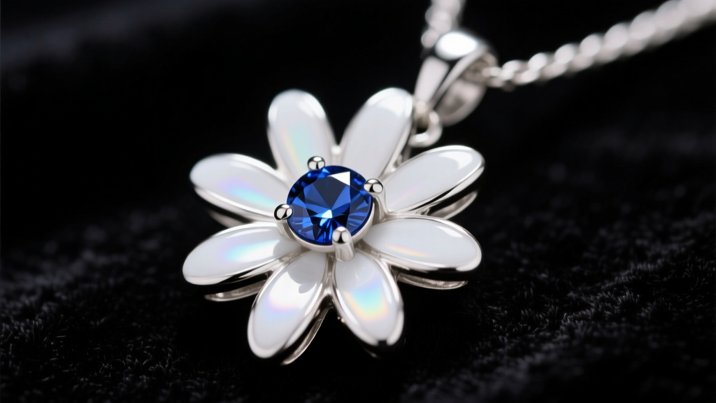Macro shot of a sterling silver daisy pendant with white vitreous enamel petals and a bezel-set sapphire center on dark velvet.