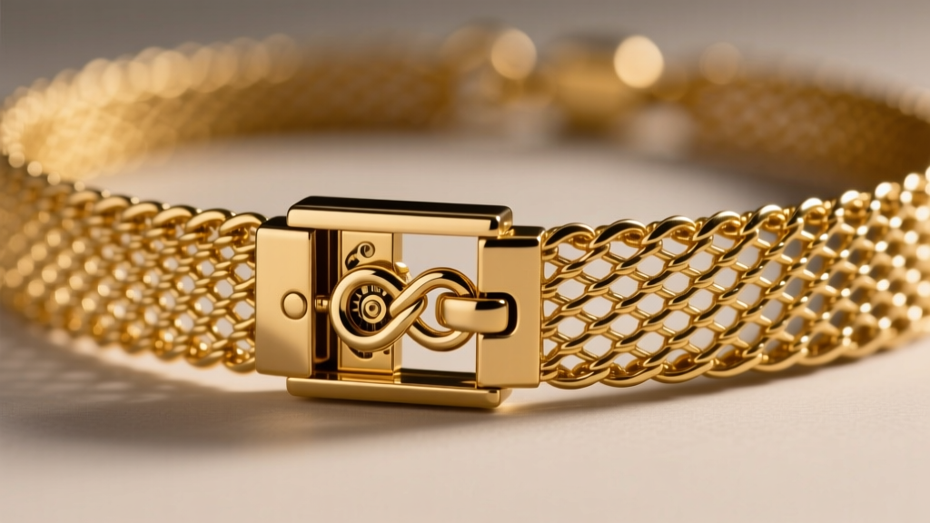 Concealed box clasp with figure-8 safety catch on a thick gold mesh necklace, shown open against a soft, neutral gray background.