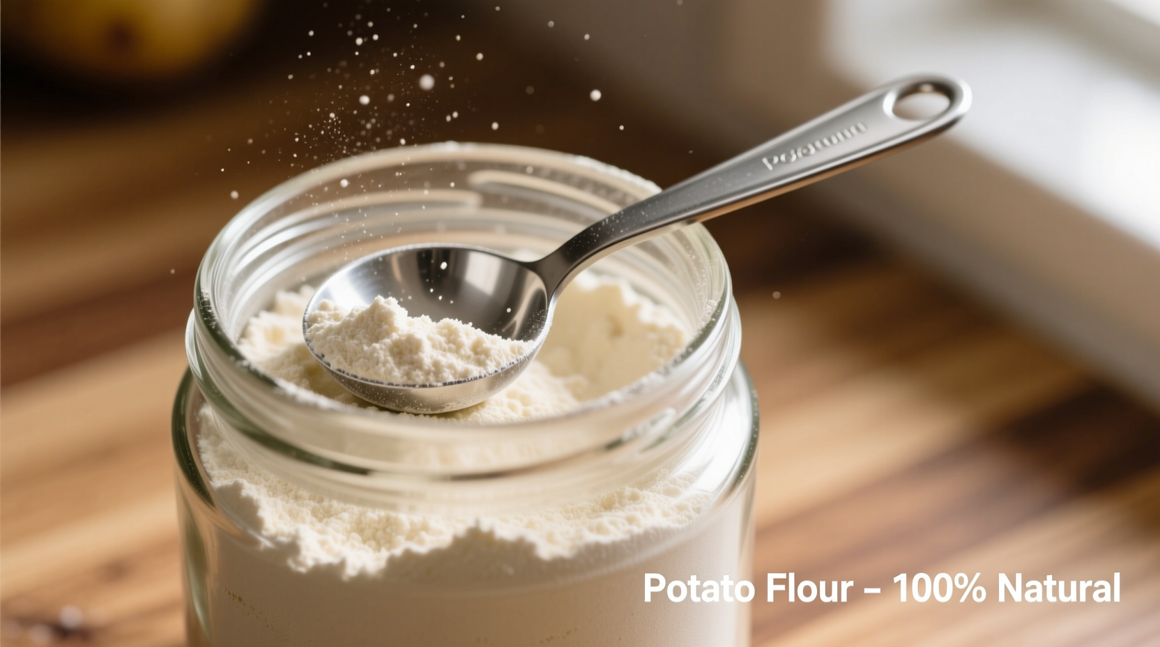 Potato flour in glass jar with measuring spoon