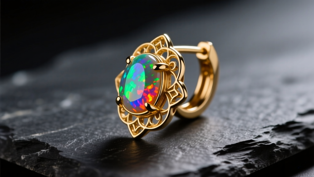Close-up of a 20g gold leverback earring holding a bright boulder opal, resting on dark slate under warm, diffused studio lighting