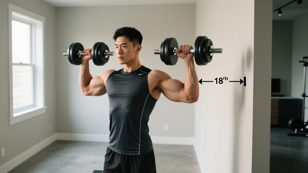 User performing lateral raises with block-style adjustable dumbbells demonstrating the required 18-inch lateral wall clearance in a small room