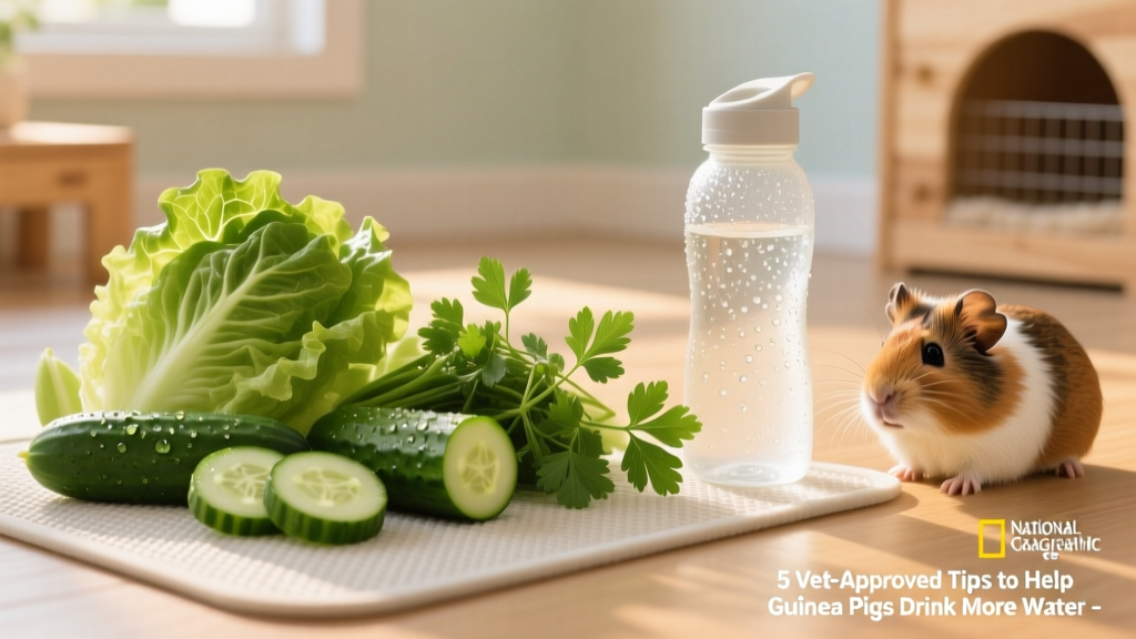 Fresh, colorful assortment of safe, hydrating vegetables—romaine lettuce, cucumber, and parsley—arranged on a clean feeding mat beside a clean water bottle