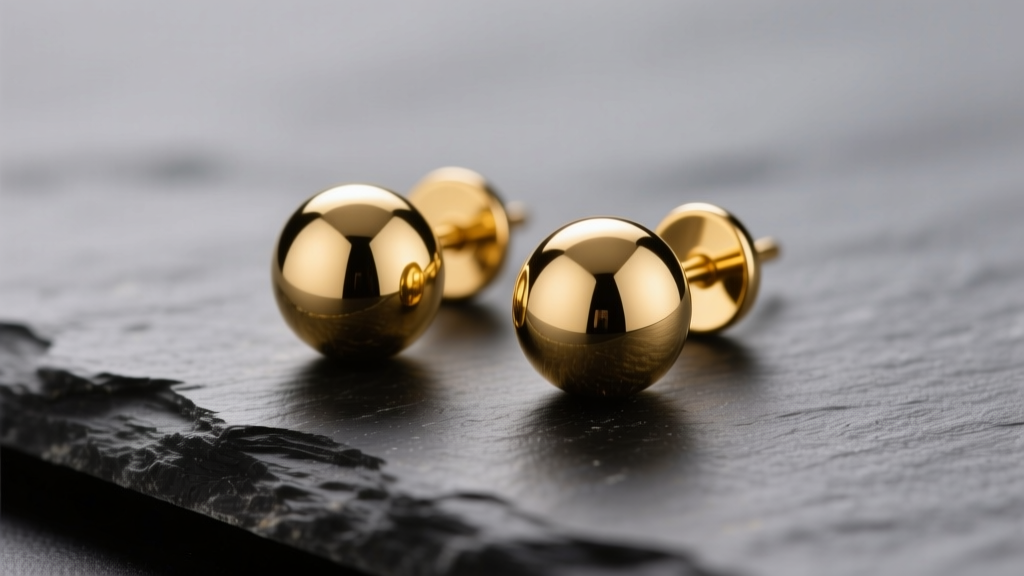 Close-up of 14k yellow gold ball stud earrings on dark slate, illuminated by soft warm studio lighting showing metal reflection
