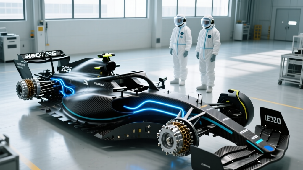 Exploded 2026 F1 hybrid power unit and carbon fiber chassis on a sterile factory assembly floor with engineers in cleanroom suits