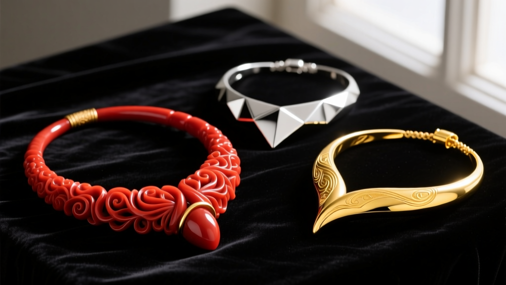 Three Italian horn necklaces laid on dark velvet: one carved red coral, one sterling silver, and one 14k yellow gold
