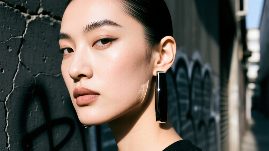 Close-up of a streetwear model wearing matte black stainless steel alternative dangle earrings against a dark concrete wall
