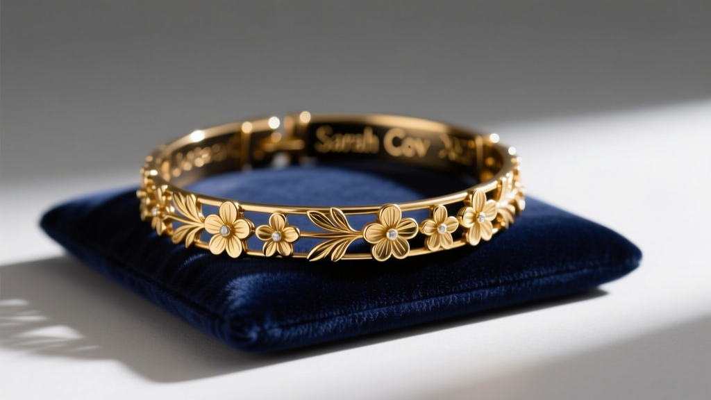Vintage gold-tone Sarah Cov charm bracelet with floral motifs resting on a dark velvet pad, softly lit.