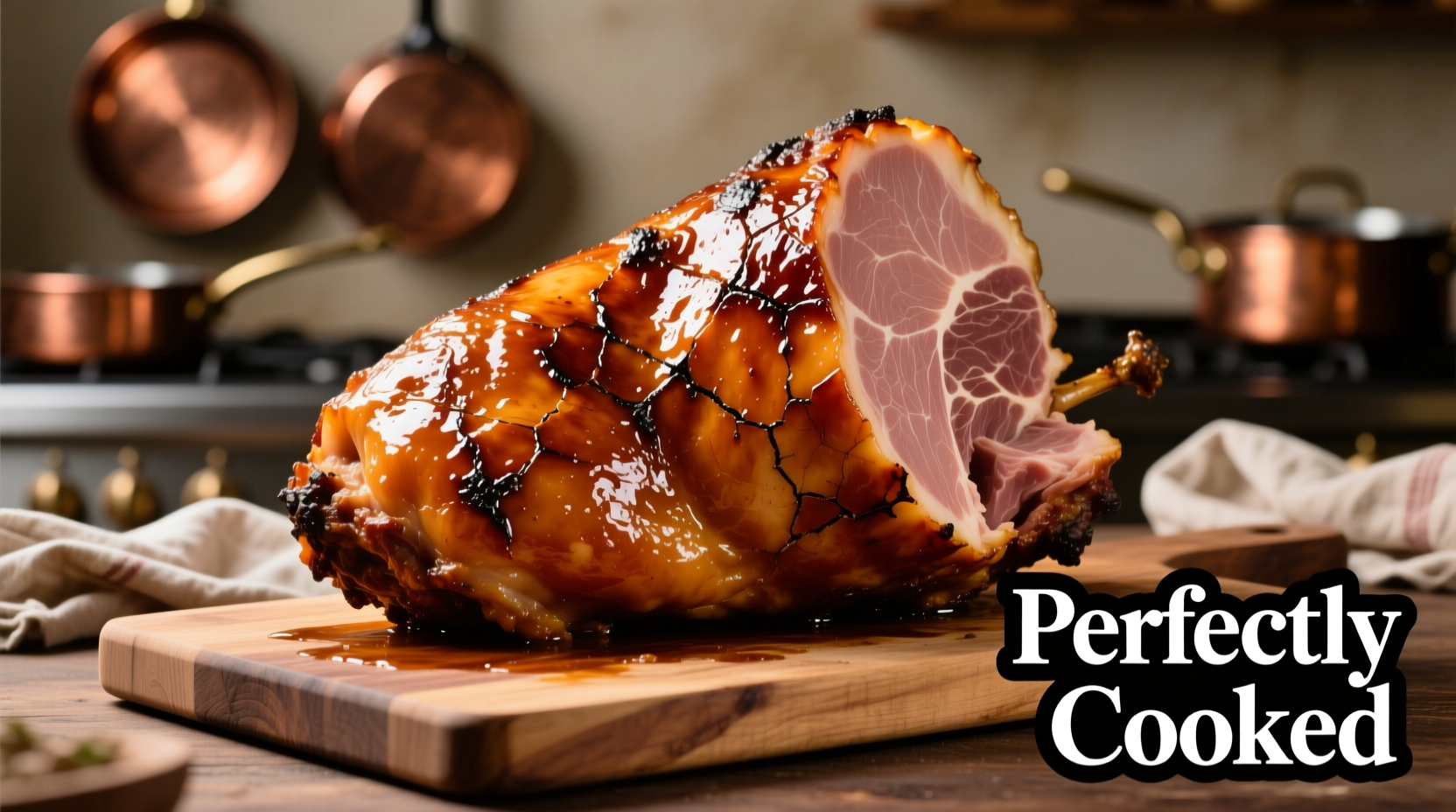 Perfectly cooked 8 pound ham with golden glaze