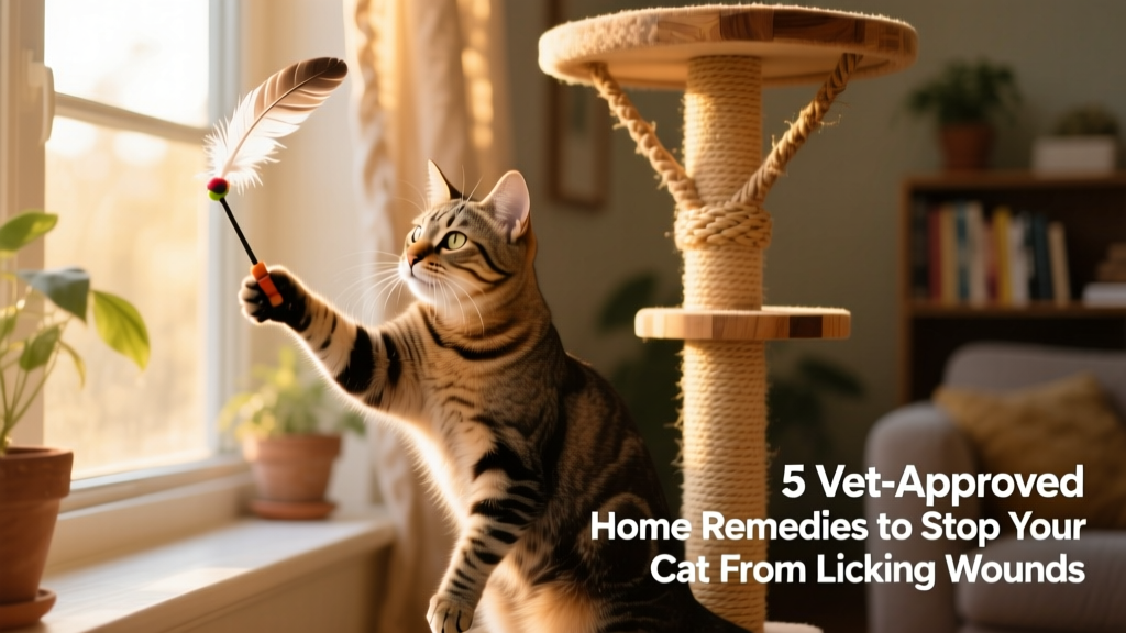 Cat playing with a feather wand toy near a sunny windowsill with a cat tree nearby