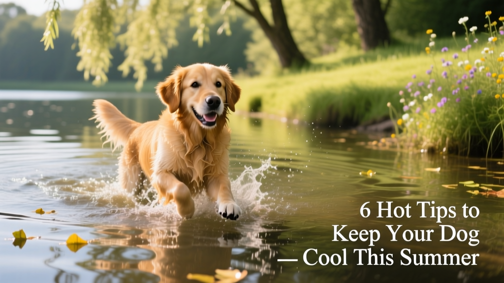 Dog happily wading in a shallow lake or pond
