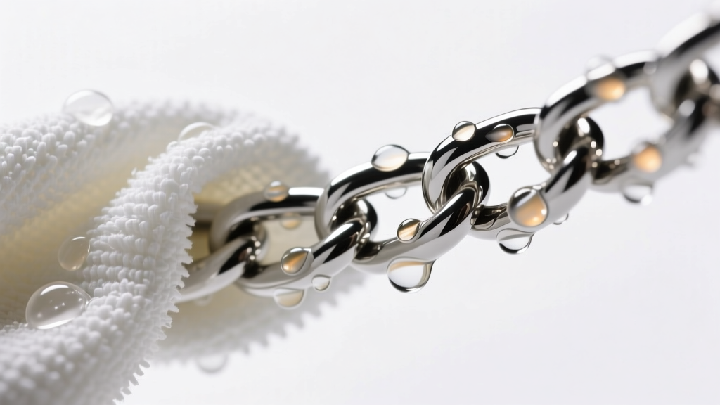 Macro shot of a soapy microfiber cloth wiping a polished 316L stainless steel Cuban chain, soft studio lighting highlighting suds