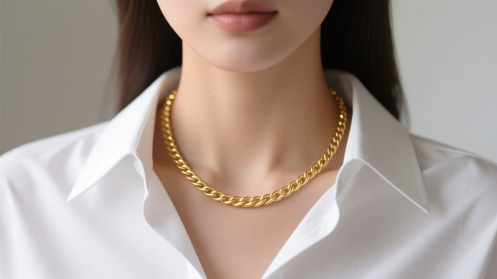 Close-up of a woman wearing a delicate 18-inch gold rope chain necklace over a crisp white cotton button-down shirt collar