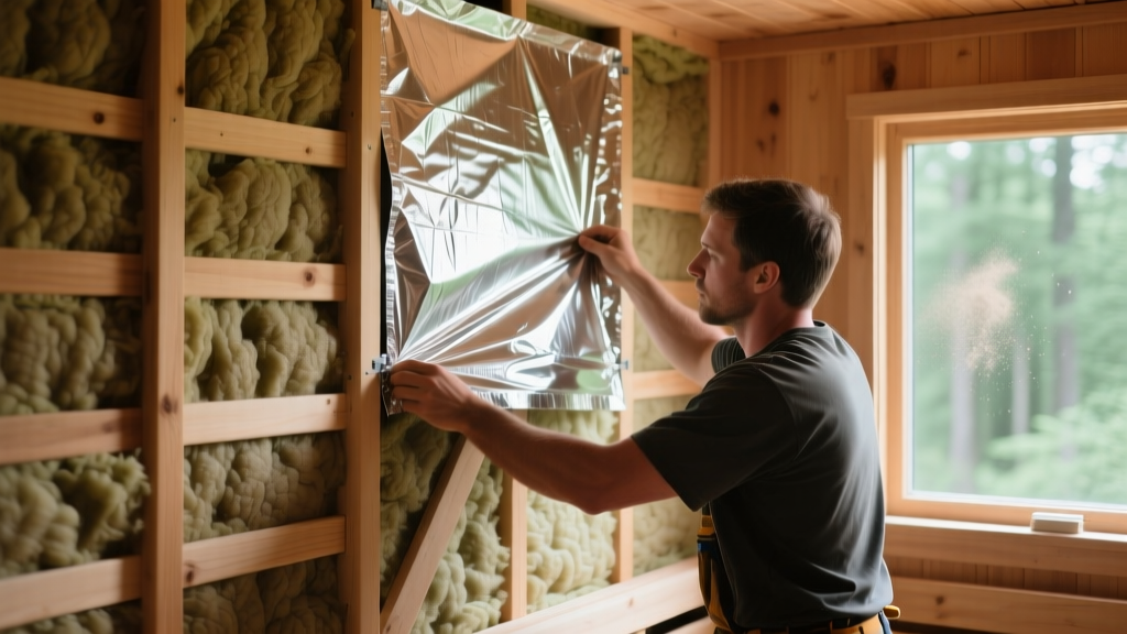 Builder installing reflective foil vapor barrier over mineral wool batts inside a framed cedar sauna wall with wooden furring strips