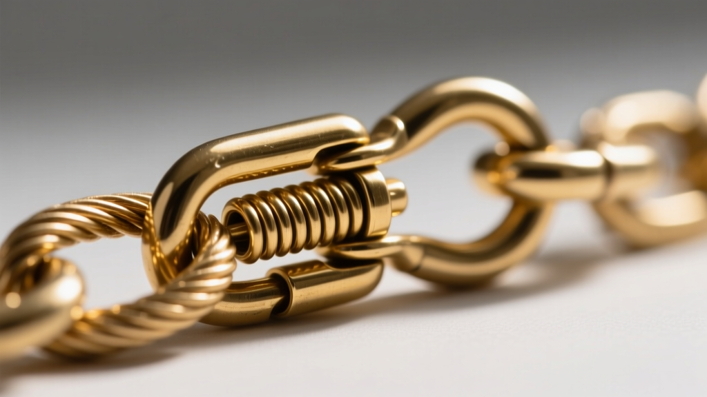 Detailed view of a gold-tone brass cable chain and lobster clasp, illustrating the tiny spring mechanism and soldered links.