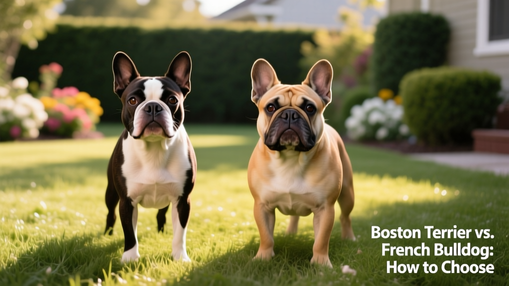 Side-by-side comparison of a Boston Terrier and a French Bulldog standing on grass, highlighting their similar yet distinct facial features and builds