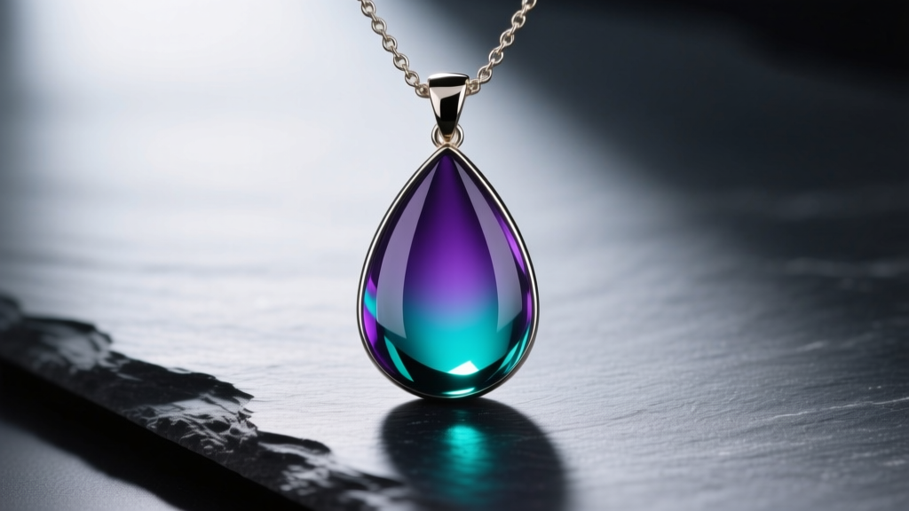 Macro photography of a teardrop mood necklace pendant shifting from deep violet to bright teal, resting on a dark slate surface.