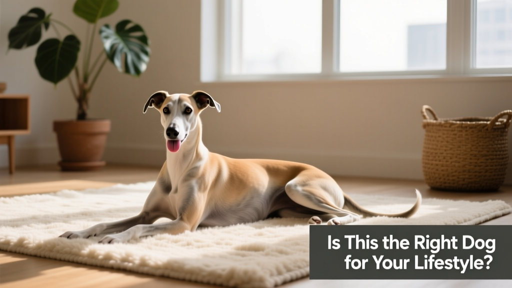 A sleek, relaxed Greyhound lounging on a soft rug indoors