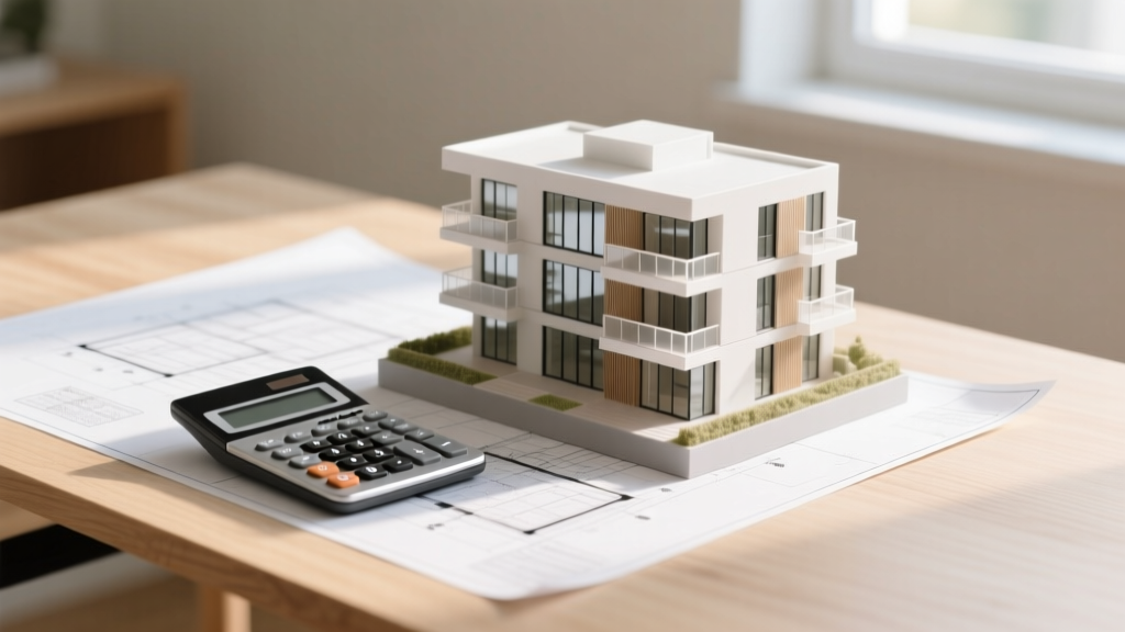 Architectural blueprint and financial calculator resting on a wooden desk next to a scale model of a modern four-story apartment building