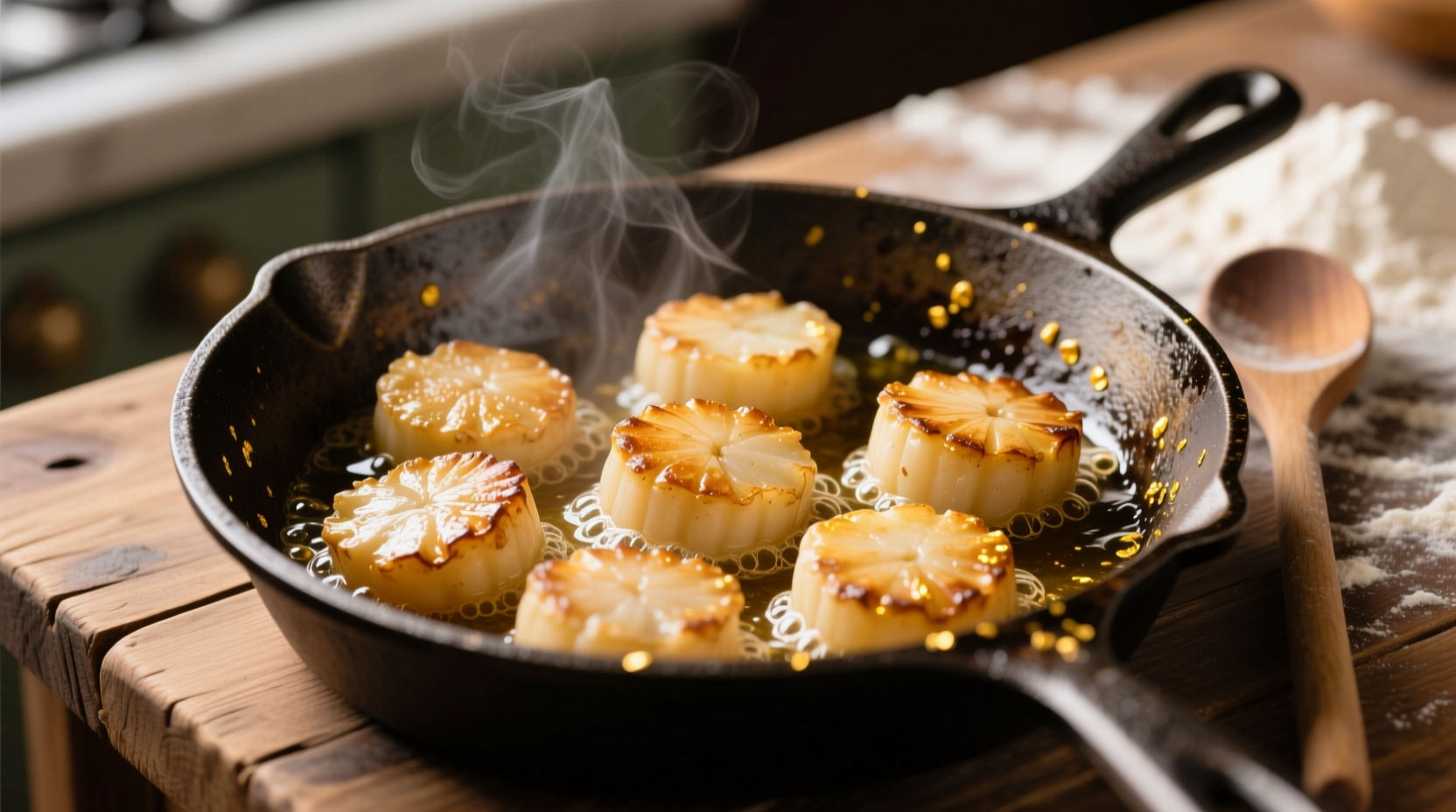 Golden brown potato scallops sizzling in cast iron skillet